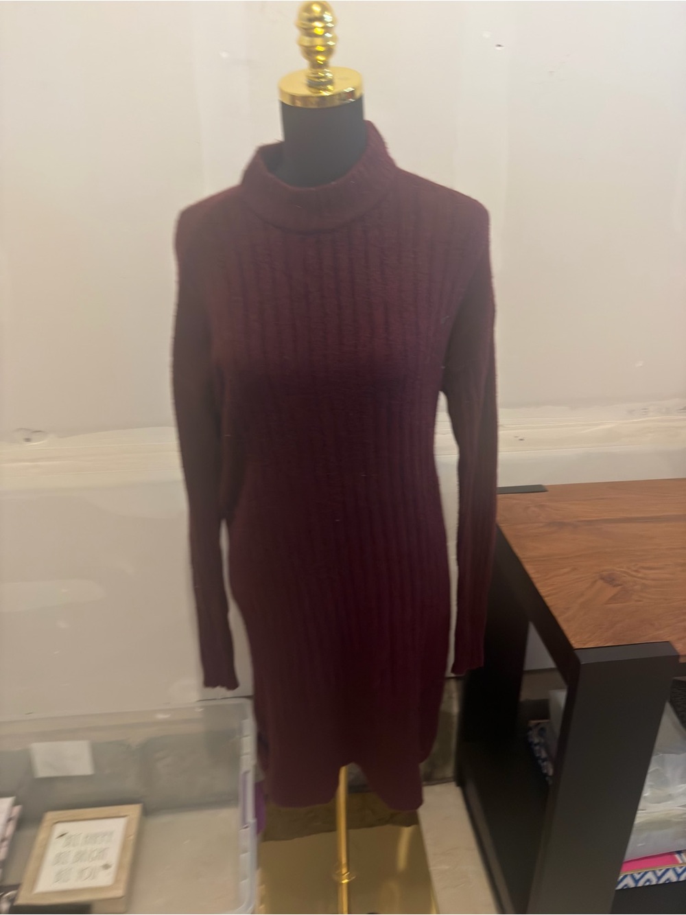 Hilary Radley Ribbed Turtleneck Sweater Dress - Burgundy